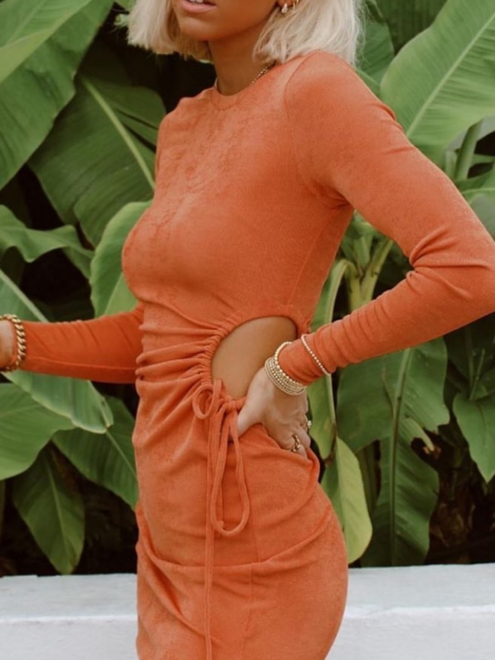 12th Tribe Orange Long Sleeve Ruched Maxi Dress